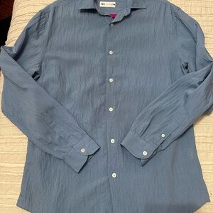 Zara Women’s Casual Blue Button-Down Shirt.  Crinkle design is so fun!